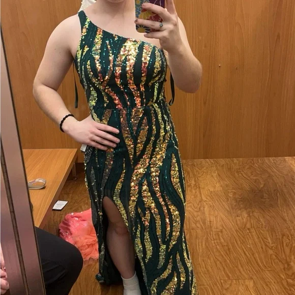 City Studio | Dresses | Green And Gold Zebra Striped One Shoulder Prom Dress  Long With Slit | Poshmark
